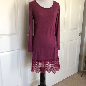 BURGUNDY WINE KNIT DRESS CROCHET LACE BOTTOM